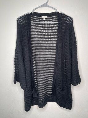 Garnet Hill Women’s 100% Baby Alpaca Open Knit Bell Sleeve Cardigan Black Large